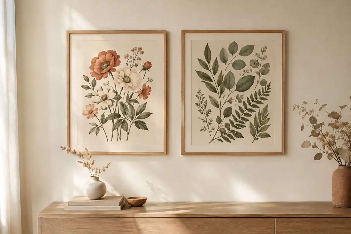 Affiches botaniques encadrées de fleurs et de feuillages sur un mur clair