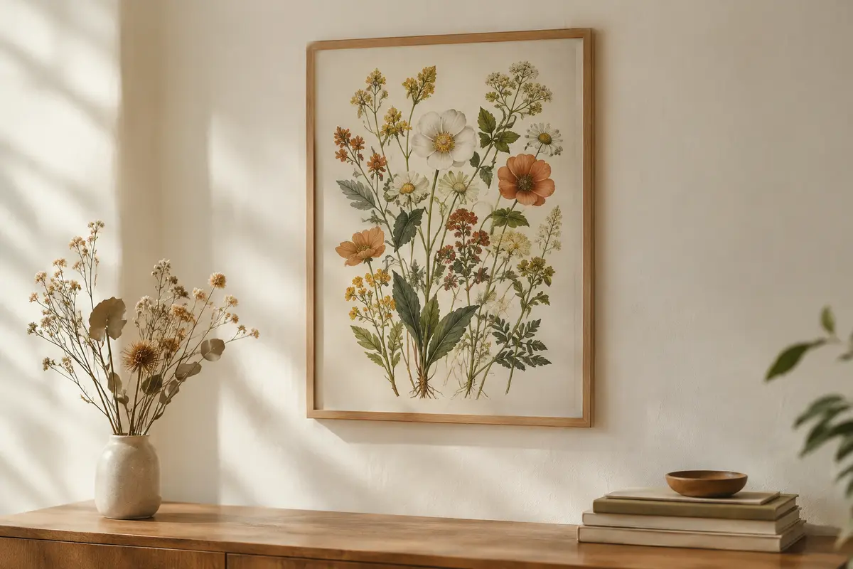 Affiche florale botanique encadrée en chêne clair sur un mur ivoire