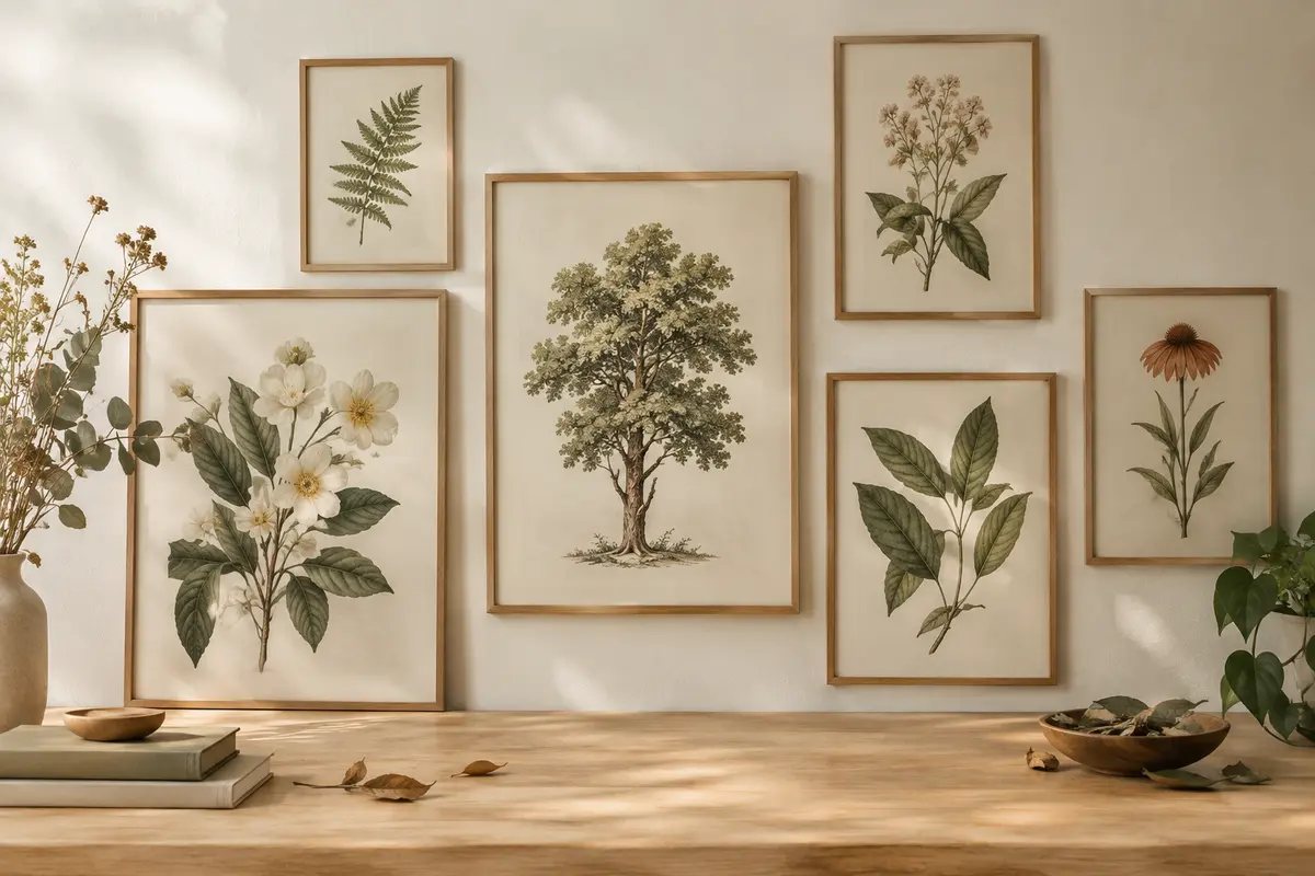 Affiches botaniques de fleurs, feuilles et arbres présentées dans des cadres fins