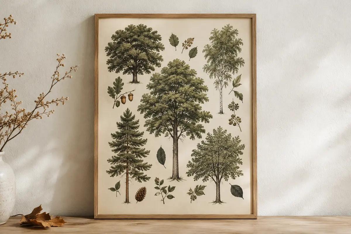 Planche botanique encadrée représentant des arbres, leurs branches et leurs feuillages