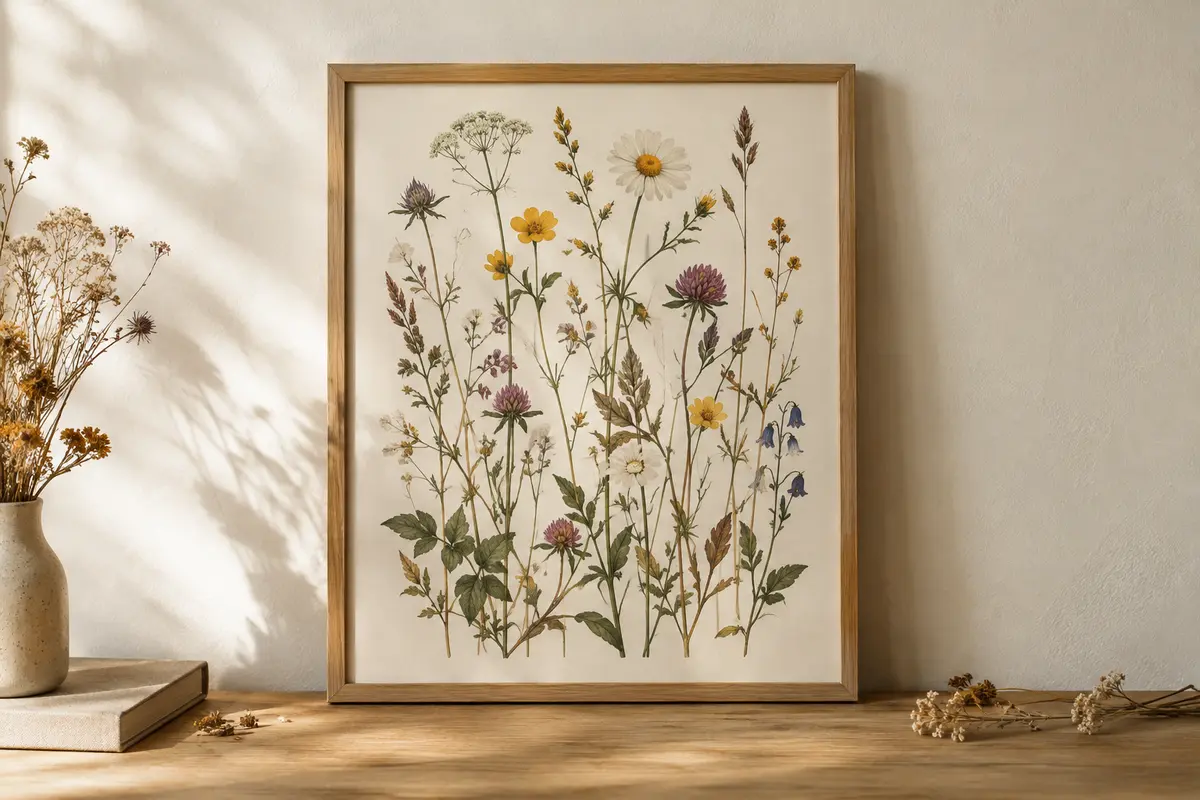 Affiche encadrée illustrant des fleurs sauvages aux tiges fines sur papier crème