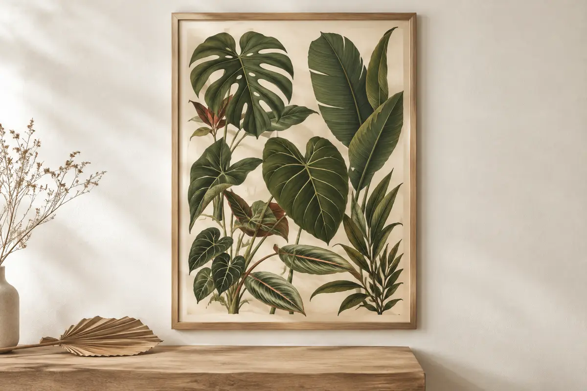 Affiche botanique de plantes tropicales aux larges feuilles nervurées