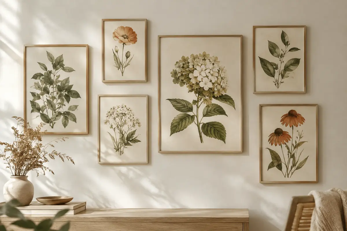 Ensemble d’affiches botaniques assorties alignées dans des cadres en bois clair