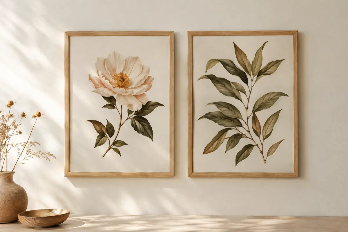 Diptyque botanique de deux affiches assorties dans des cadres en chêne clair