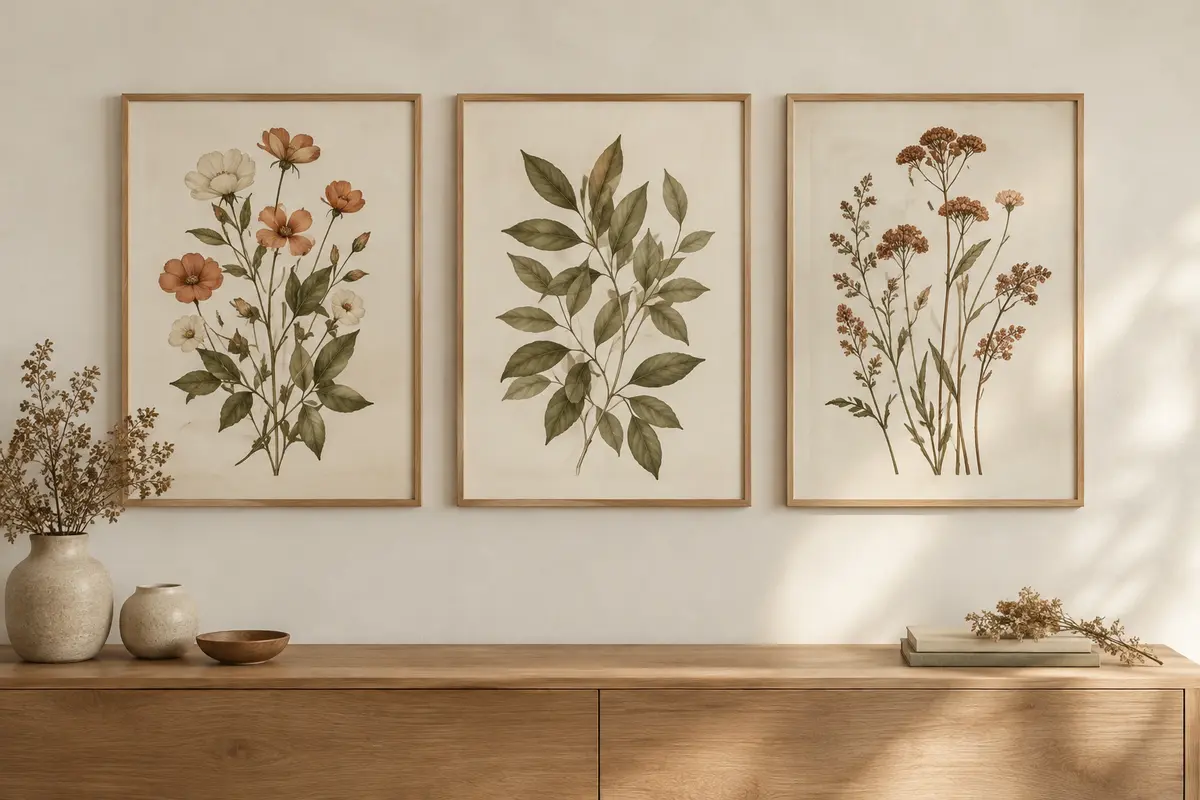 Triptyque botanique de trois affiches coordonnées alignées sur un mur ivoire