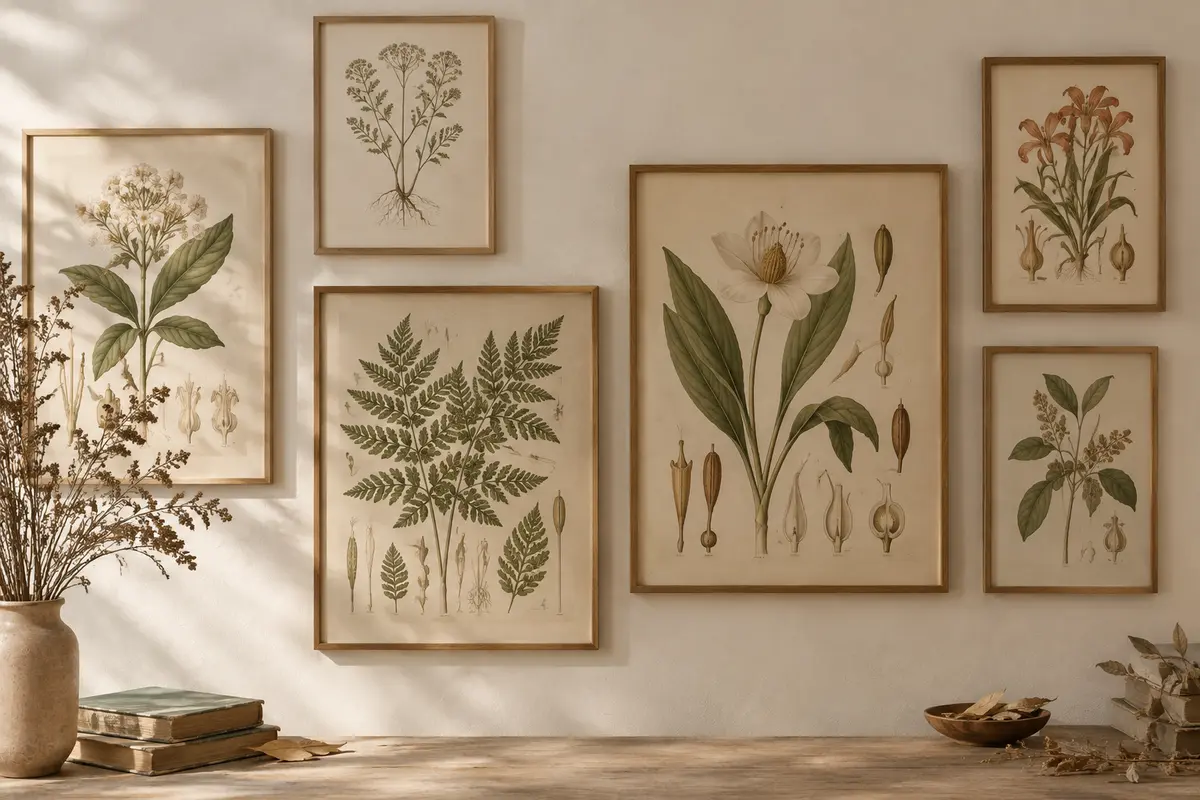 Planches botaniques illustrées de fleurs et de structures végétales en cadres fins