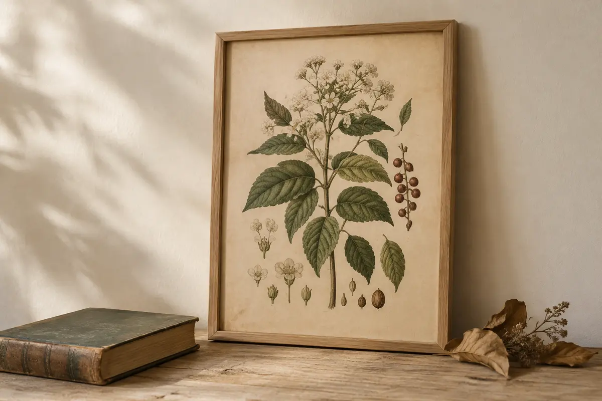 Reproduction encadrée d’une planche botanique ancienne sur papier patiné