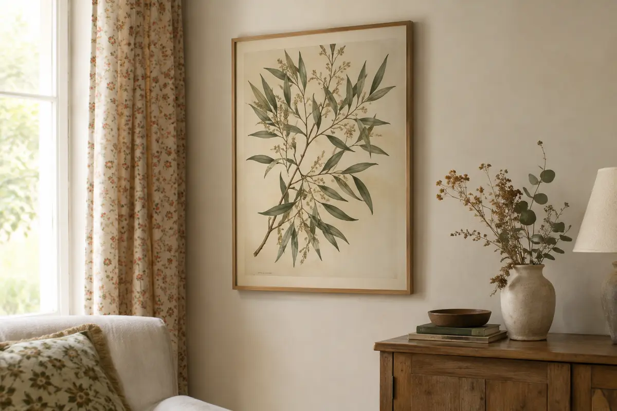 Affiche botanique représentant une branche à côté de textiles fleuris aux motifs plus petits