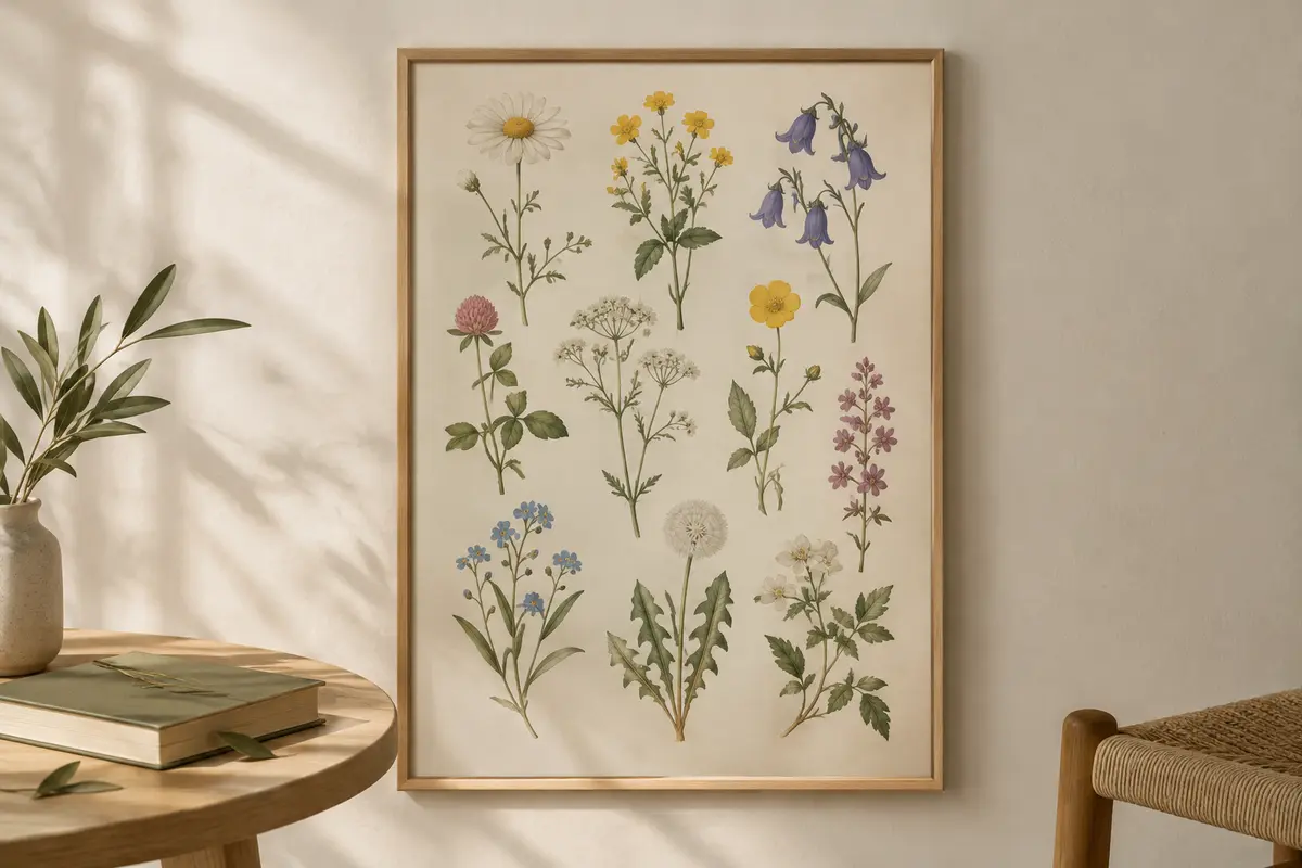 Affiche botanique de fleurs sauvages dans un cadre en bois clair, sur un mur lumineux.