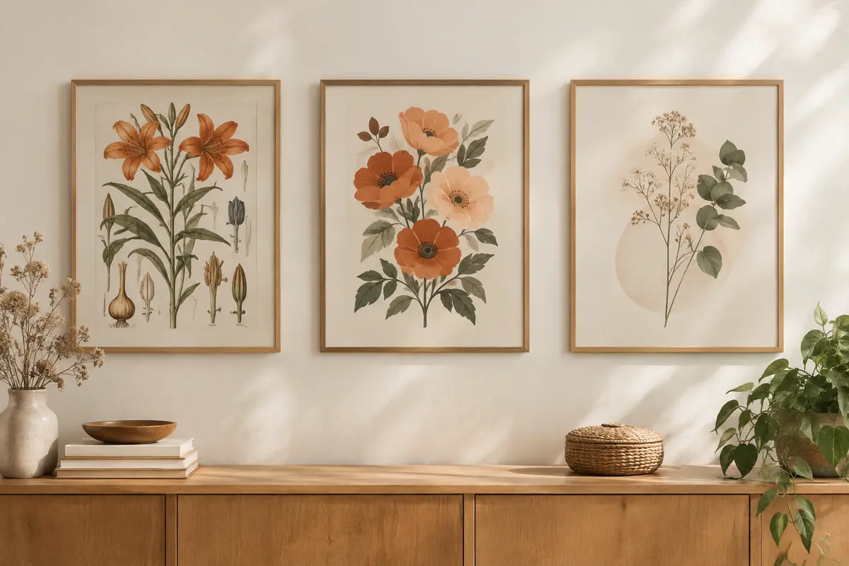 Trois affiches botaniques encadrées illustrent des fleurs en styles naturaliste, stylisé et épuré.