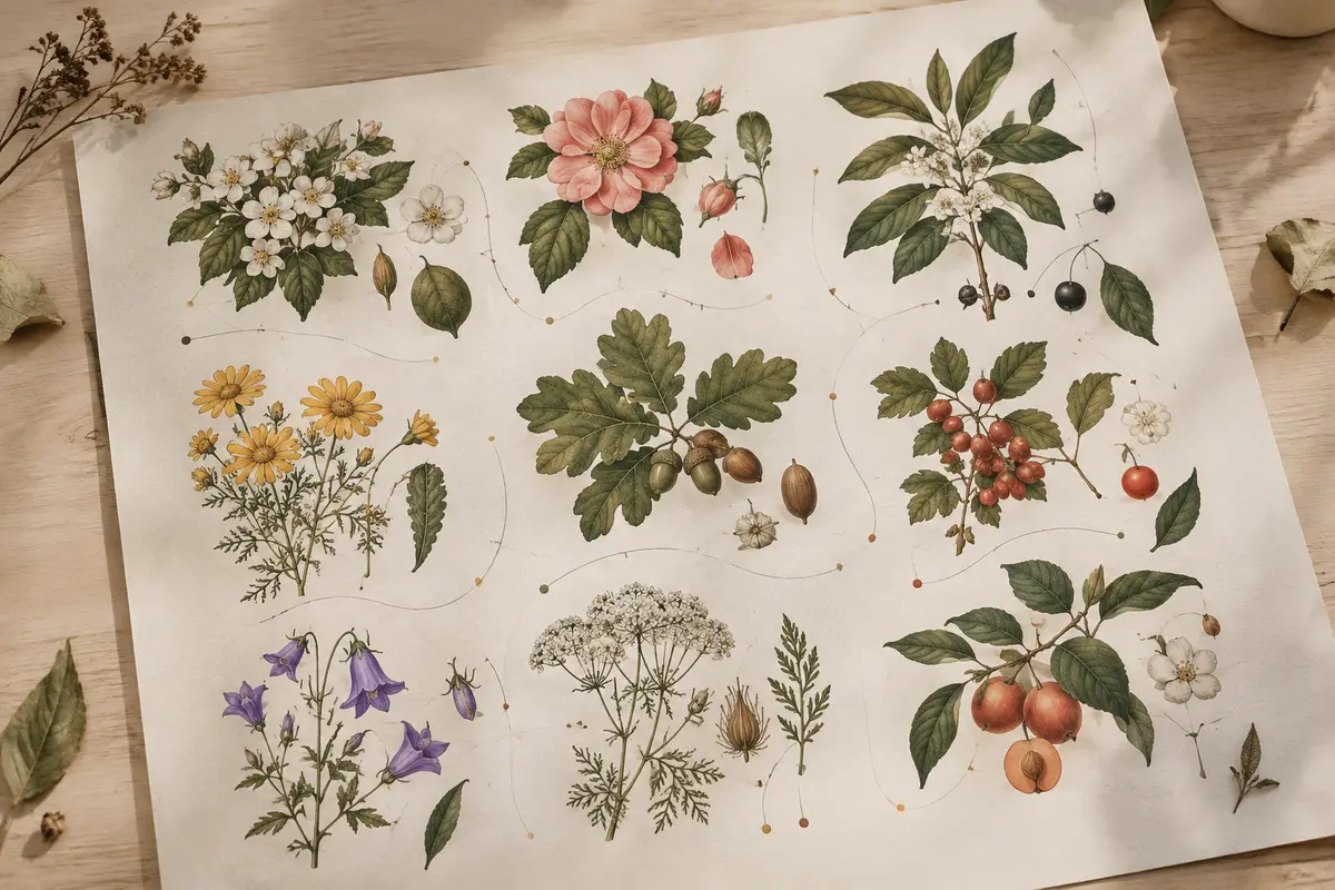 Affiche botanique illustrant des plantes regroupées par familles avec des détails de fleurs et de feuilles