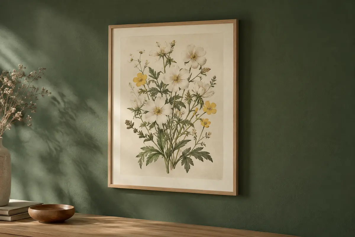 Affiche botanique de fleurs claires encadrée sur un mur vert profond, avec une marge crème.