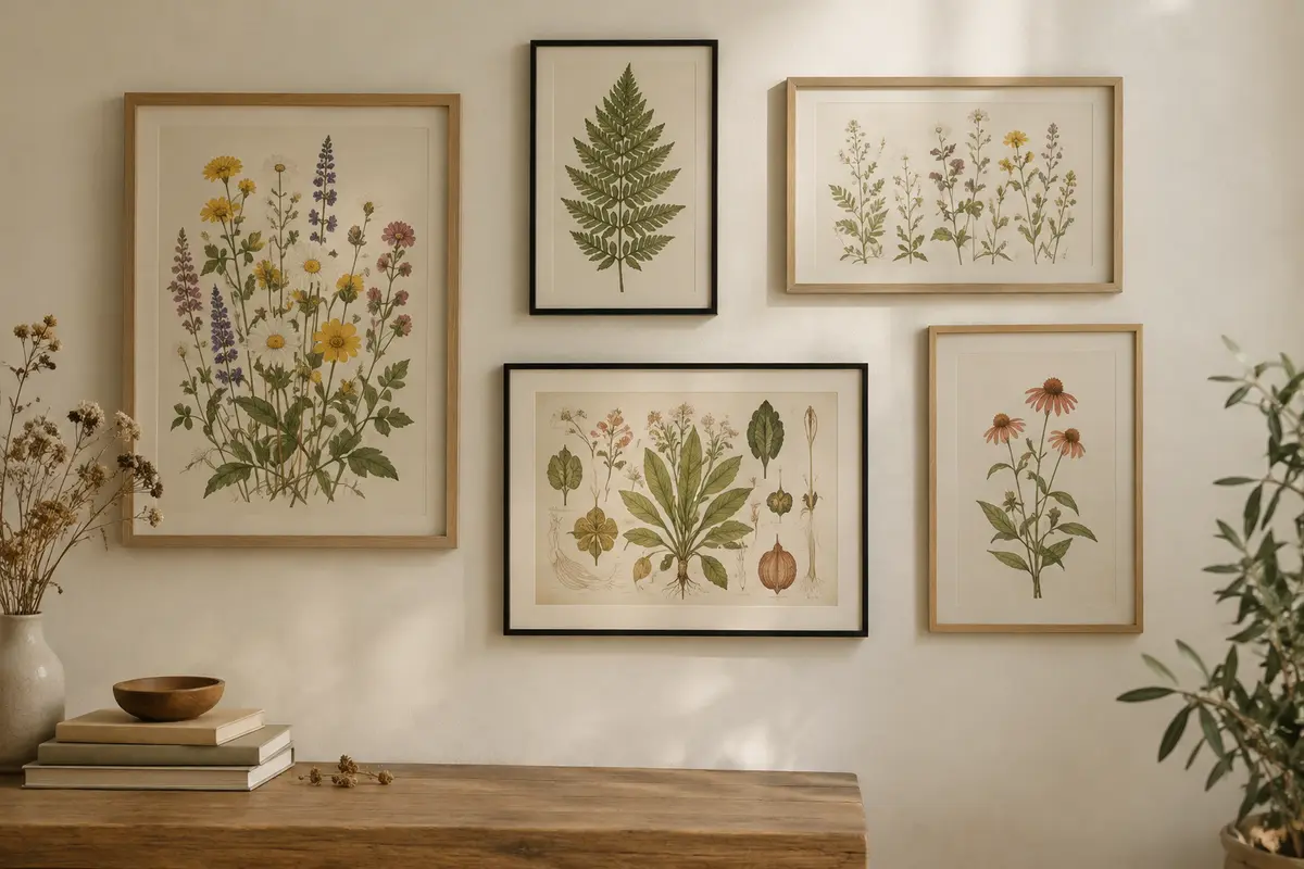 Composition murale de cadres botaniques mêlant fleurs sauvages, feuillages et planches illustrées