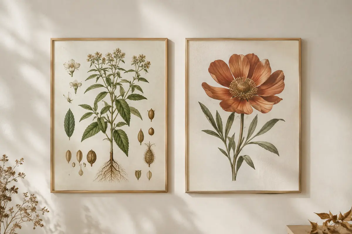 Deux affiches botaniques côte à côte, l’une détaillée et l’autre composée autour d’une fleur
