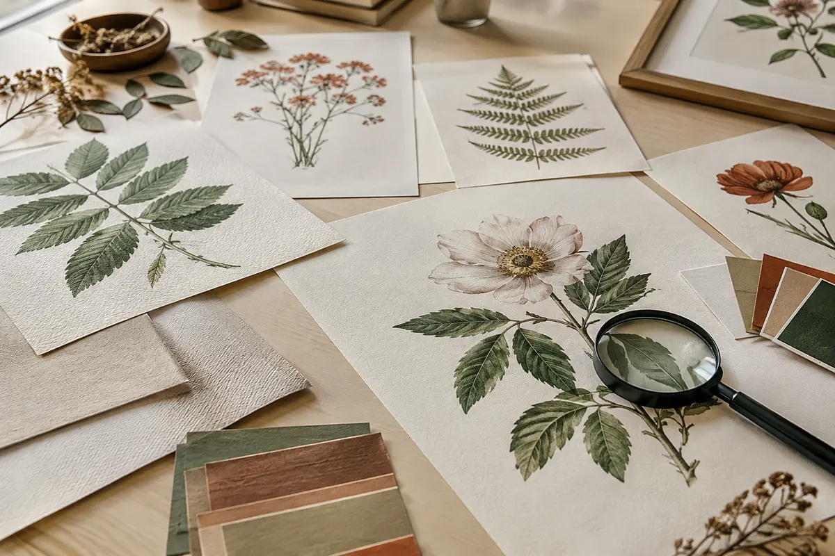 Affiches botaniques imprimées sur des papiers de textures différentes, avec échantillons de couleurs et loupe