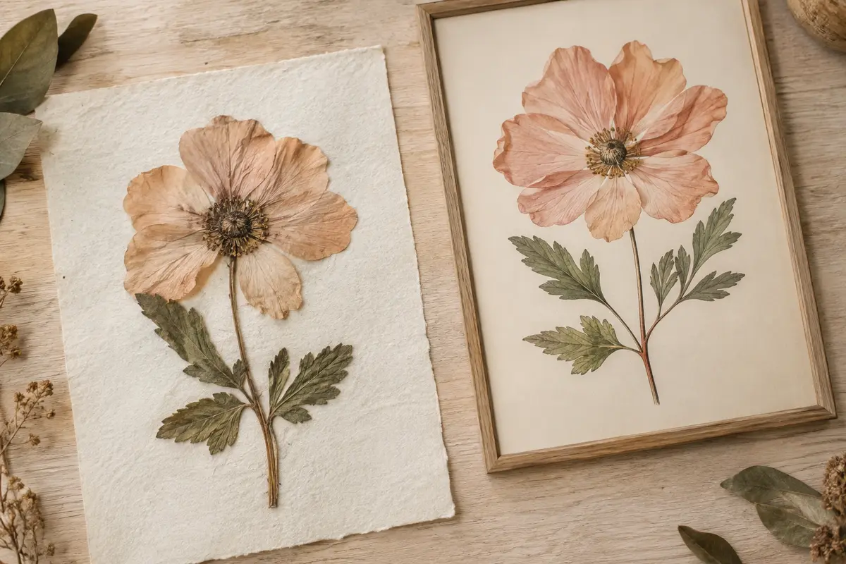 Spécimen de fleur pressée posé à côté de sa représentation imprimée sur une affiche botanique.