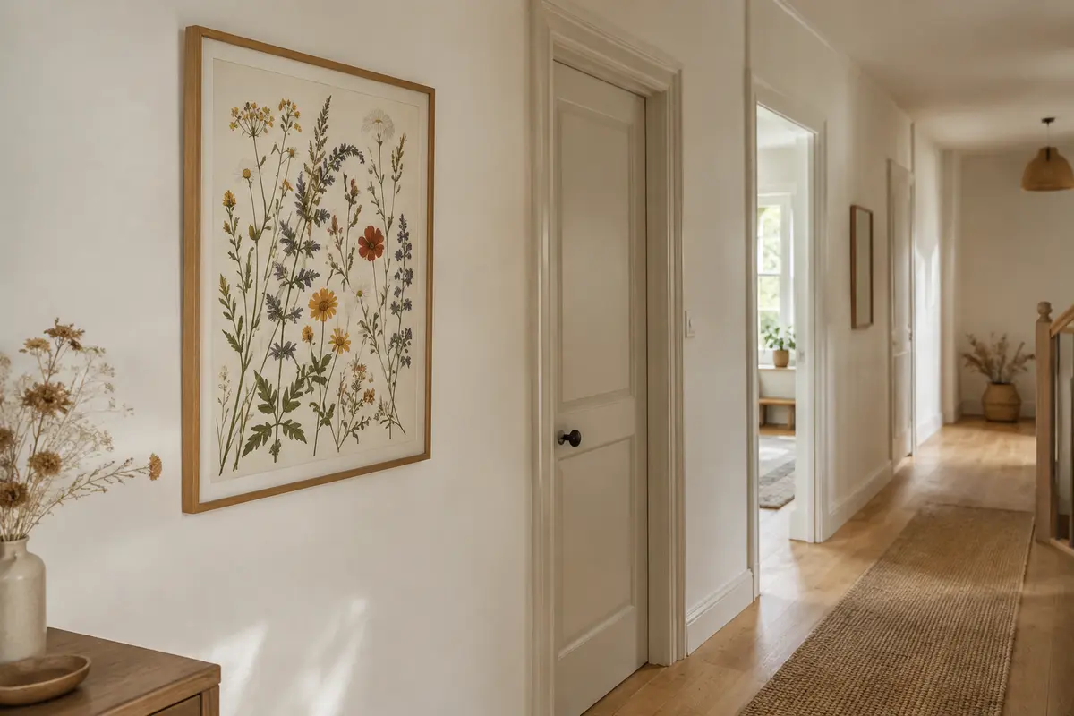 Affiche botanique encadrée de fleurs sauvages accrochée à hauteur de regard dans un couloir