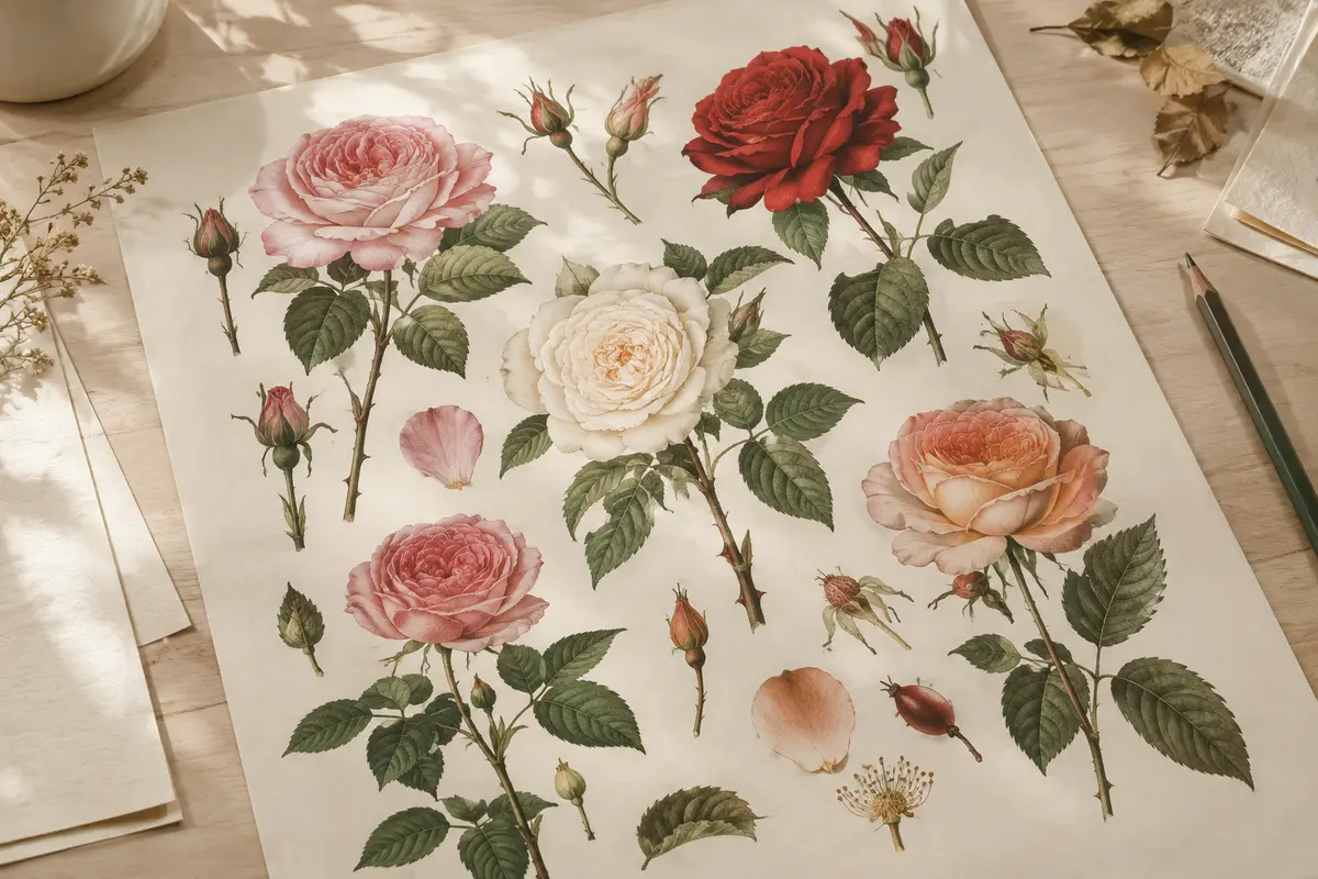 Affiche botanique illustrant plusieurs roses avec leurs fleurs, boutons, feuilles et tiges