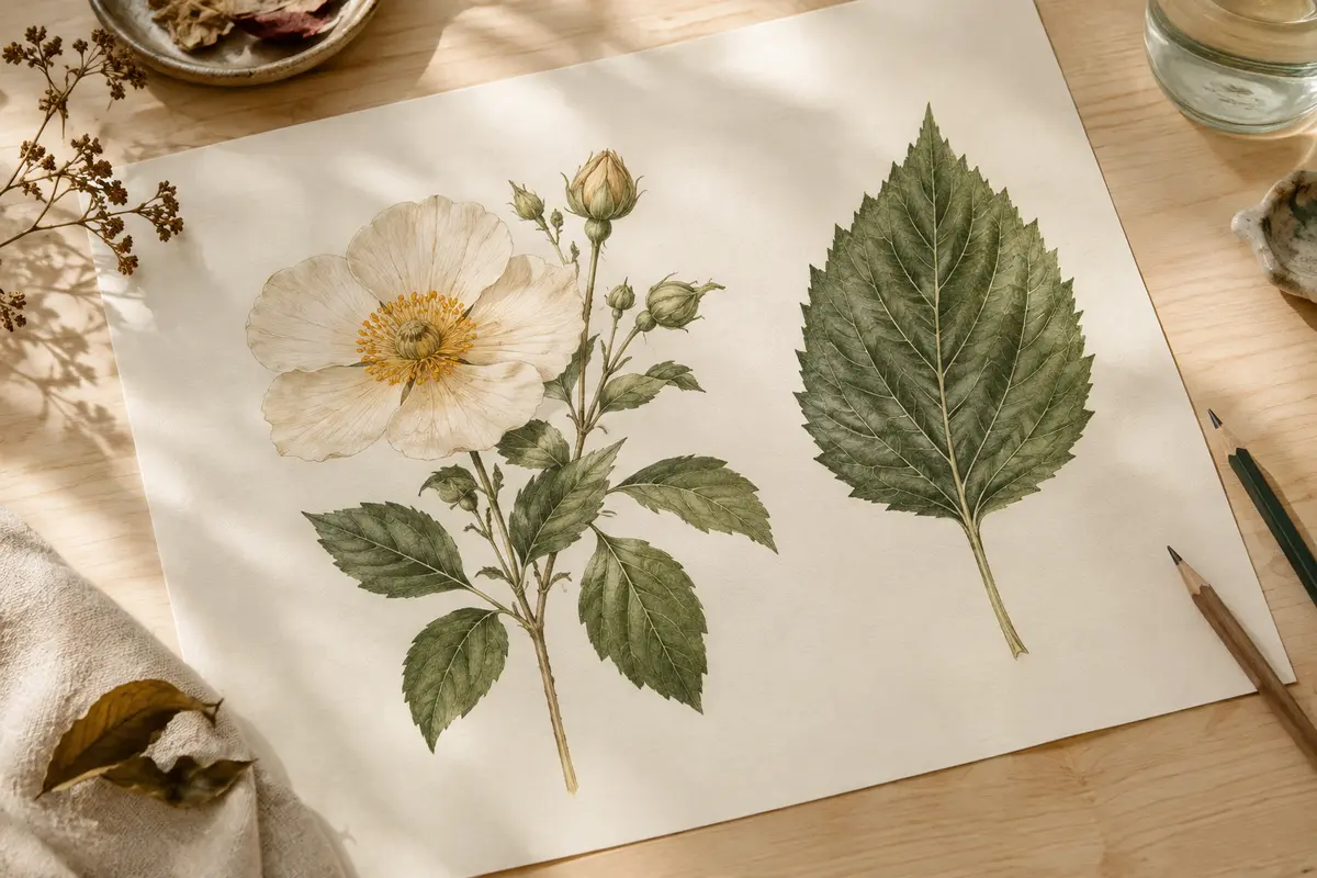 Affiche botanique montrant une fleur ouverte et une feuille détaillée aux nervures apparentes