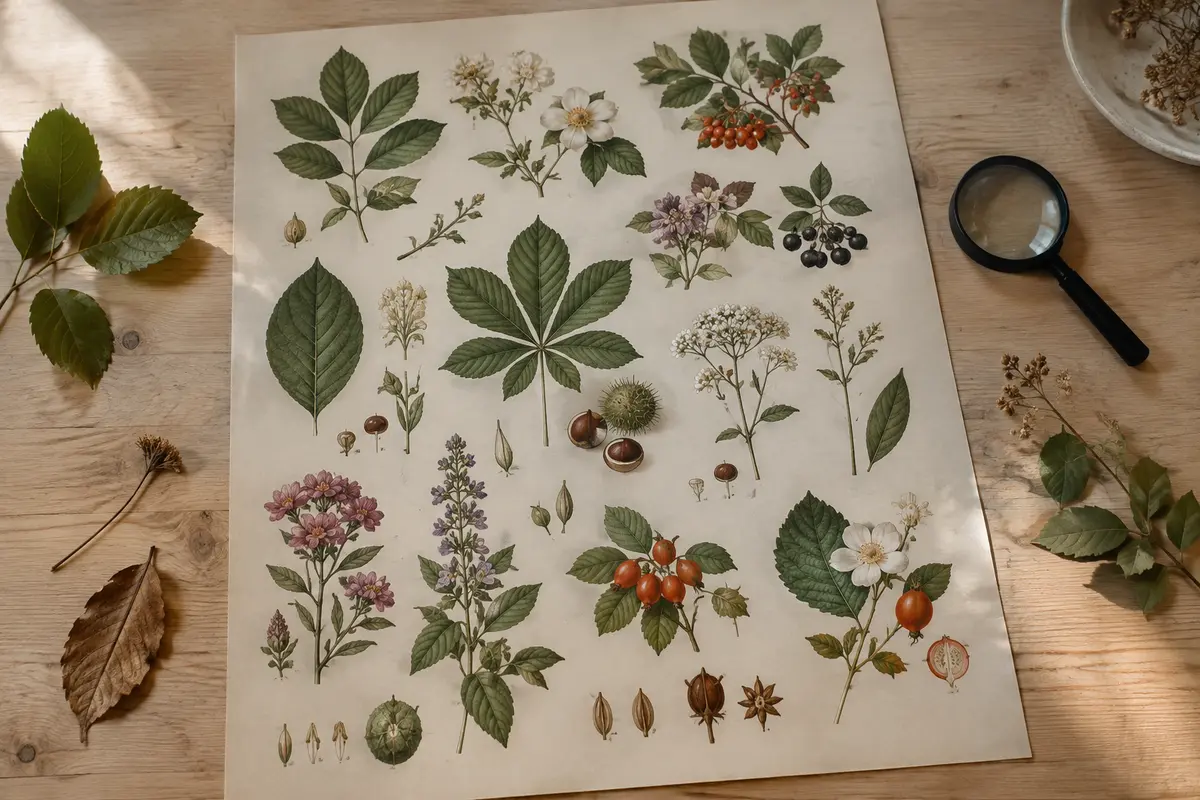 Affiche botanique illustrée de feuilles et de fleurs examinée à côté d’une loupe