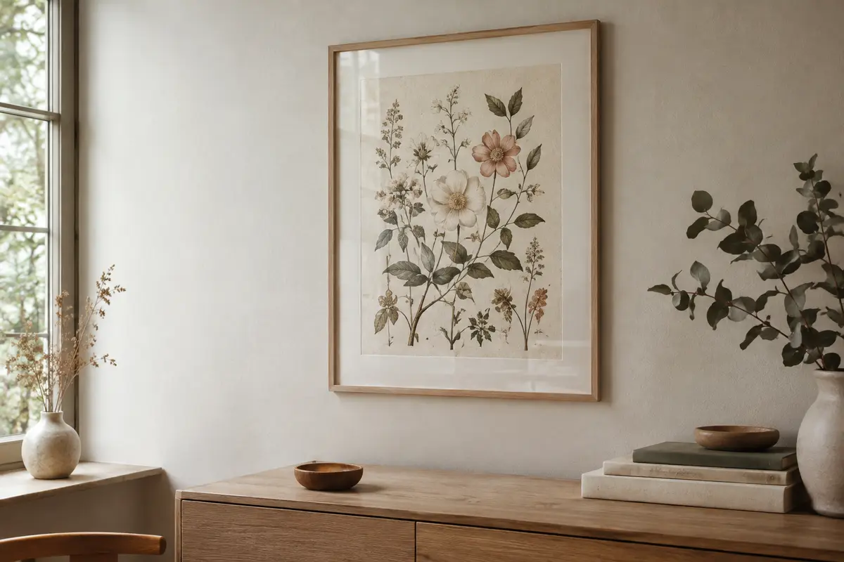 Affiche botanique encadrée sur un mur éclairé par une lumière naturelle douce, sans soleil direct.
