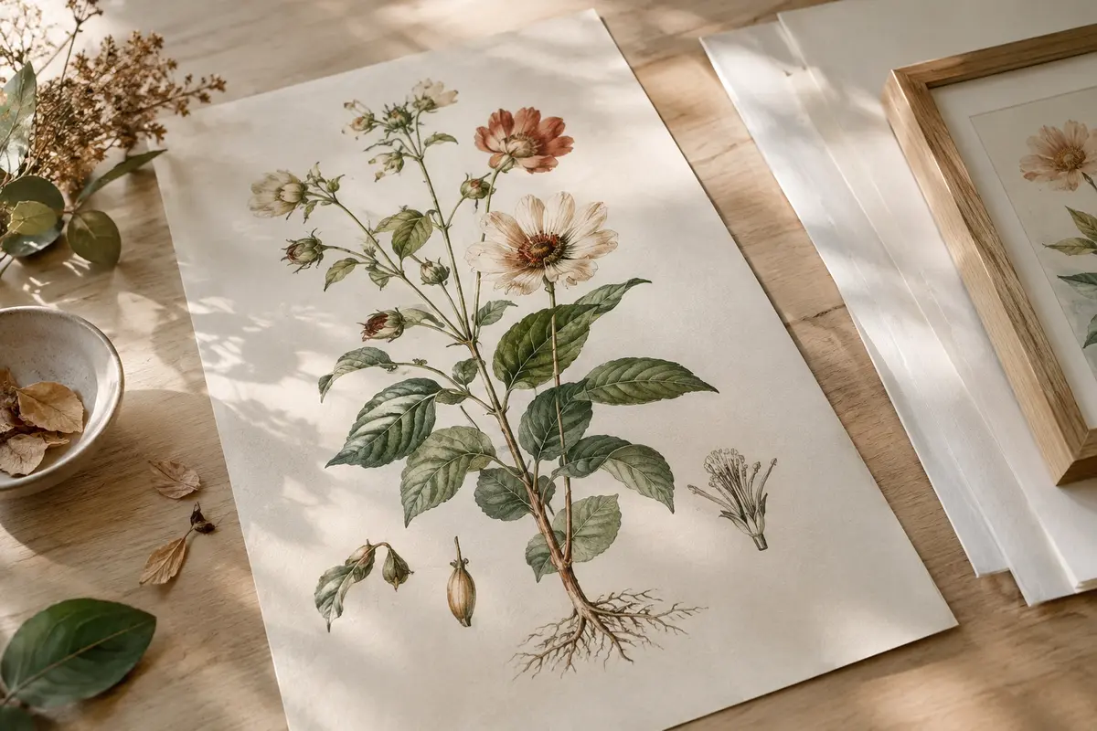 Planche botanique florale posée sur une table, montrant des fleurs et des feuilles dessinées avec précision