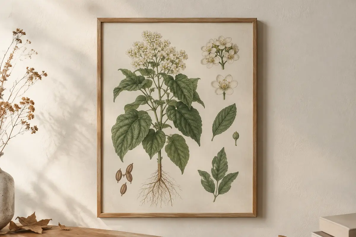 Affiche botanique encadrée avec une plante détaillée et des vues rapprochées de ses feuilles et de ses fleurs.