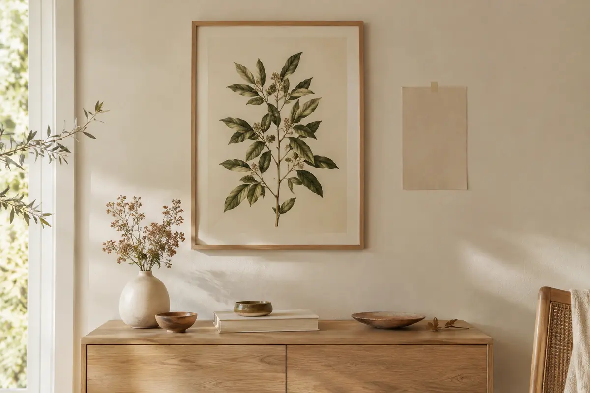 Affiche botanique au-dessus d’une console, avec un gabarit papier pour comparer les proportions.