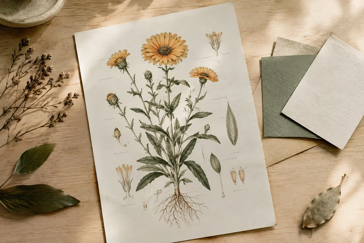Affiche botanique et échantillons de papiers mats, satinés et texturés observés à la lumière naturelle