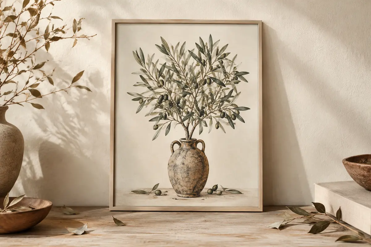 Toile encadrée représentant un olivier dans un vase, posée dans un décor clair aux matières naturelles.
