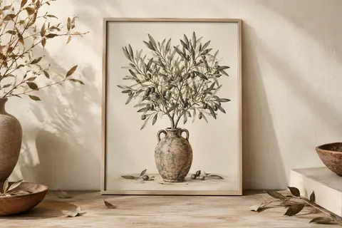 Toile encadrée représentant un olivier dans un vase, posée dans un décor clair aux matières naturelles.