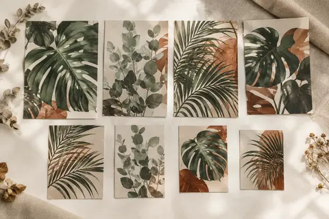 Huit affiches botaniques mates aux motifs de monstera, d’eucalyptus et de palmiers, disposées en trois formats.