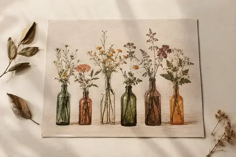Affiche sur toile montrant des fleurs sauvages disposées dans des bouteilles en verre multicolores