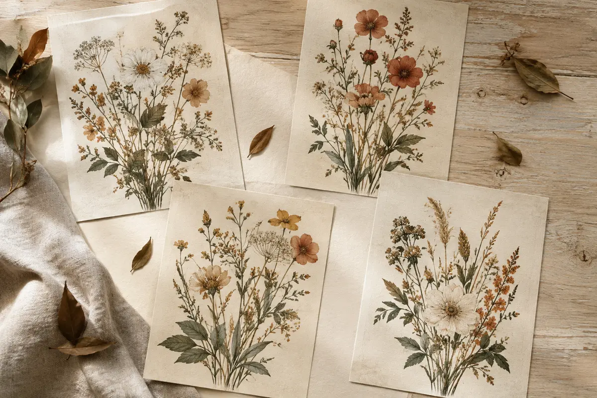 Quatre impressions botaniques sur toile aux motifs floraux vintage, disposées sur un fond ivoire et du lin.