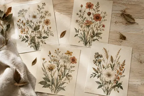 Quatre impressions botaniques sur toile aux motifs floraux vintage, disposées sur un fond ivoire et du lin.
