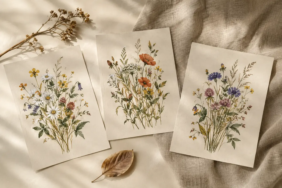 Trois affiches botaniques non encadrées sur toile, illustrées de fleurs sauvages à l’aquarelle