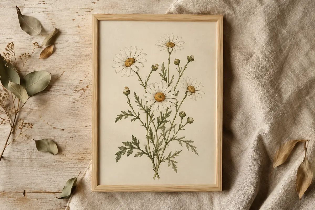 Toile botanique encadrée représentant des marguerites aux tons doux, posée sur un fond de lin et de bois clair.