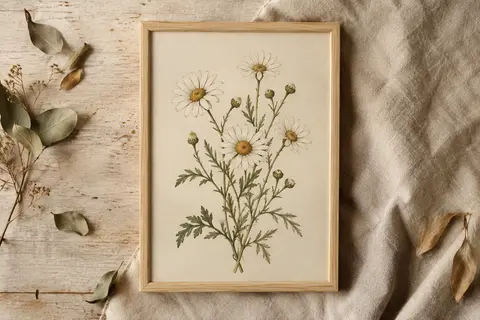 Toile botanique encadrée représentant des marguerites aux tons doux, posée sur un fond de lin et de bois clair.