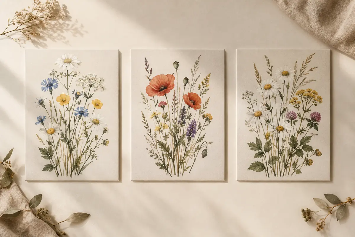 Trois affiches botaniques sur toile, aux fleurs sauvages aquarellées, disposées côte à côte sur un fond ivoire.