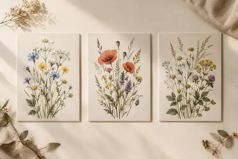 Trois affiches botaniques sur toile, aux fleurs sauvages aquarellées, disposées côte à côte sur un fond ivoire.