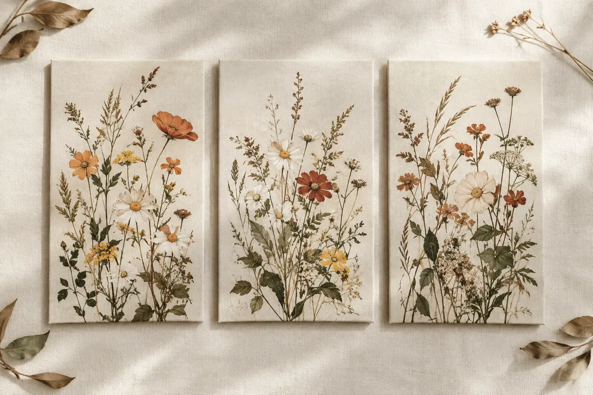 Trois panneaux botaniques floraux verticaux en toile, présentés sans cadre sur un fond ivoire.