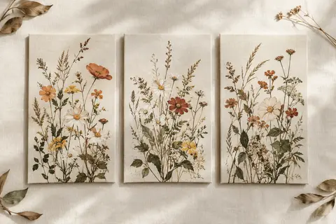 Trois panneaux botaniques floraux verticaux en toile, présentés sans cadre sur un fond ivoire.