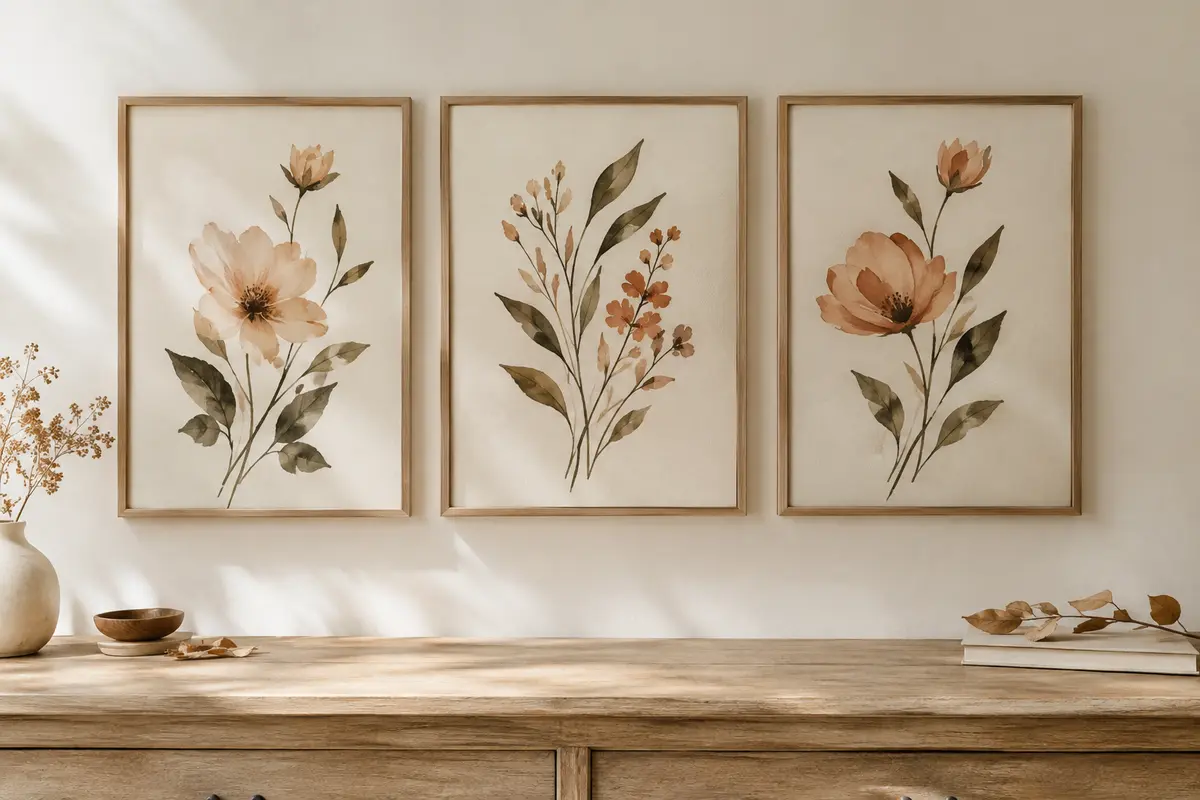 Trois affiches florales à l’aquarelle sur toile, encadrées en bois et disposées en triptyque sur un mur clair.