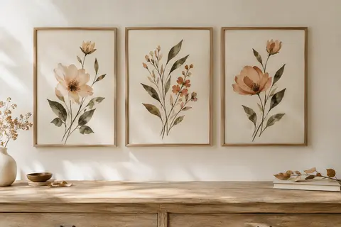 Trois affiches florales à l’aquarelle sur toile, encadrées en bois et disposées en triptyque sur un mur clair.