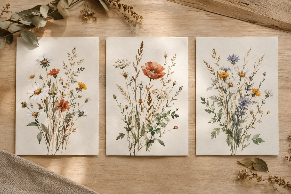 Trois toiles non encadrées illustrées de fleurs sauvages en aquarelle, disposées côte à côte sur fond ivoire.