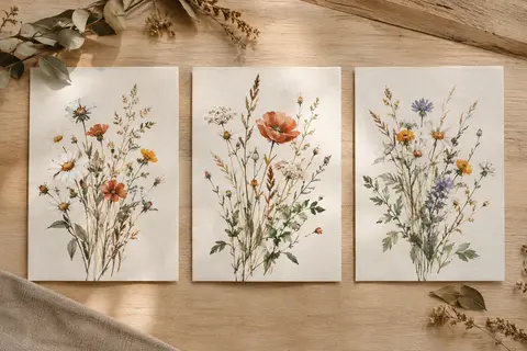 Trois toiles non encadrées illustrées de fleurs sauvages en aquarelle, disposées côte à côte sur fond ivoire.
