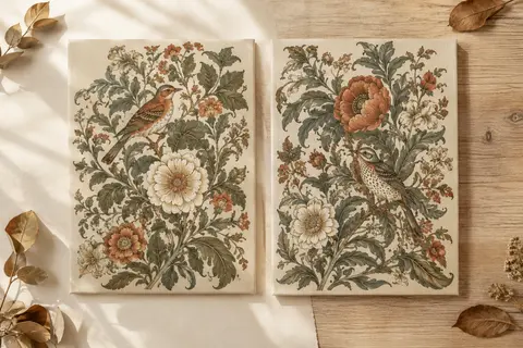 Deux toiles botaniques vintage aux motifs de fleurs, de feuillages et d’oiseaux, présentées sans cadre