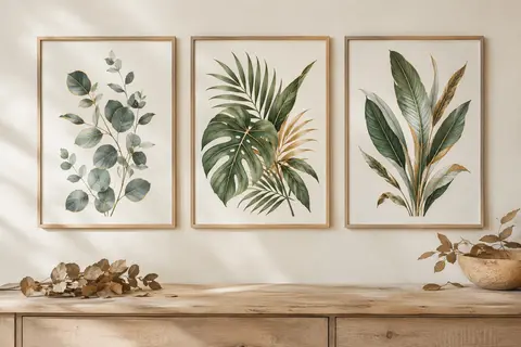 Trois affiches botaniques aux feuilles vertes et touches dorées, présentées dans des cadres fins en chêne clair.