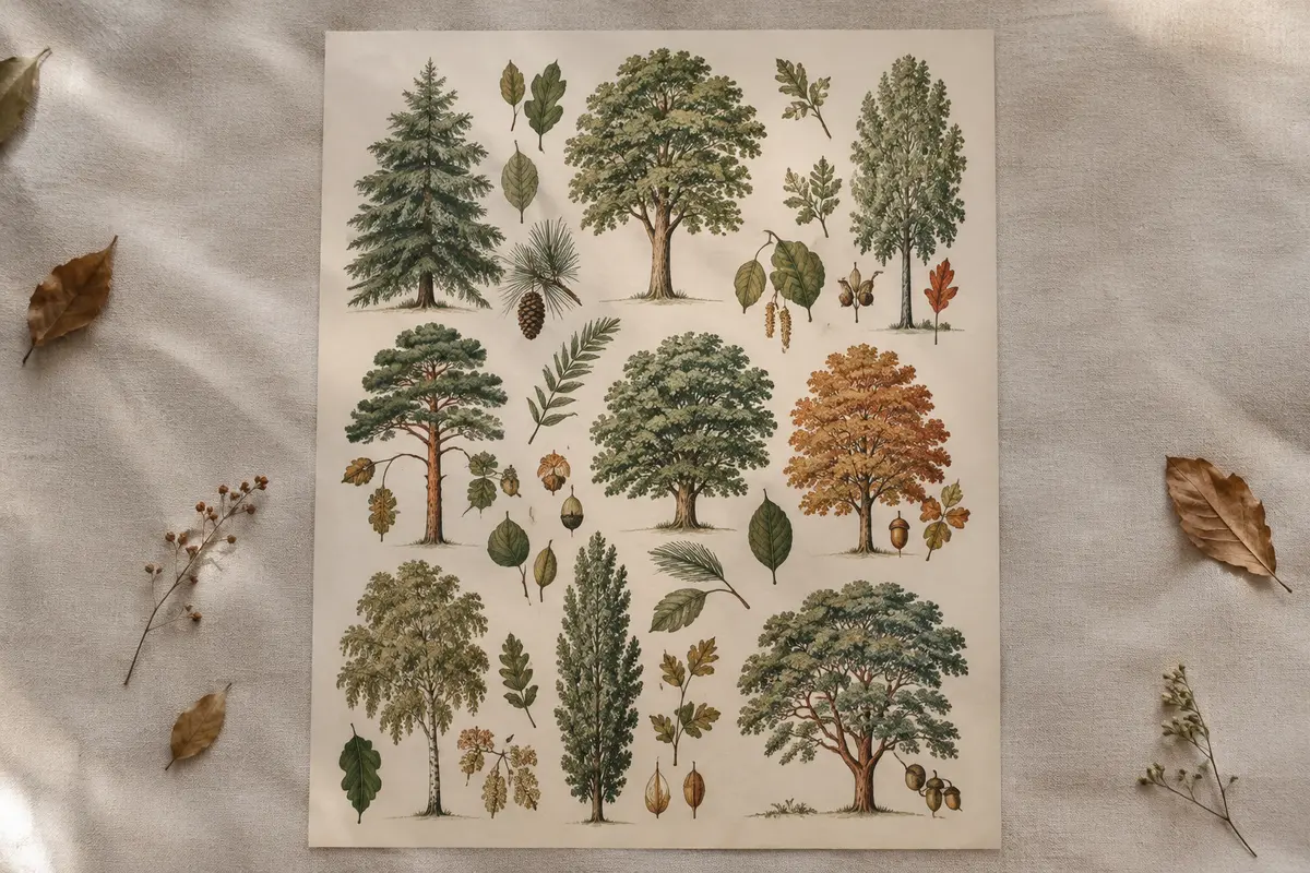 Affiche botanique rétro d’Adolphe Millot sur les arbres, présentée à plat sur un fond ivoire.