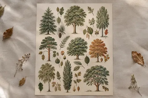 Affiche botanique rétro d’Adolphe Millot sur les arbres, présentée à plat sur un fond ivoire.